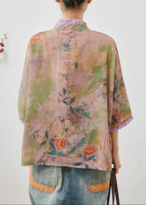 Art Khaki Ruffled Print Chinese Button Linen Blouse Tops Summer