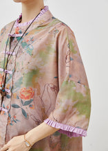 Load image into Gallery viewer, Art Khaki Ruffled Print Chinese Button Linen Blouse Tops Summer