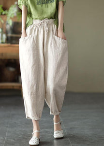 Art White stripes Tie Waist Pockets Summer Harem Pants Linen