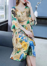 Load image into Gallery viewer, Art Khaki V Neck Print Wrinkled Patchwork Chiffon Dress Butterfly Sleeve