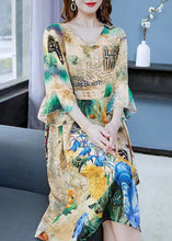 Load image into Gallery viewer, Art Khaki V Neck Print Wrinkled Patchwork Chiffon Dress Butterfly Sleeve