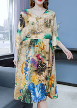 Load image into Gallery viewer, Art Khaki V Neck Print Wrinkled Patchwork Chiffon Dress Butterfly Sleeve