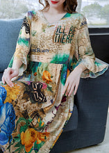 Load image into Gallery viewer, Art Khaki V Neck Print Wrinkled Patchwork Chiffon Dress Butterfly Sleeve