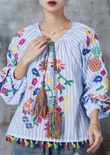 Load image into Gallery viewer, Art Light Blue Embroidered Striped Tasseled Cotton Shirt Top Spring