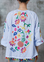 Load image into Gallery viewer, Art Light Blue Embroidered Striped Tasseled Cotton Shirt Top Spring