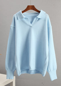 Art Light Blue V Neck Patchwork Cotton Knitted Sweaters Tops Fall