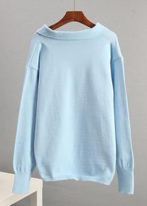 Art Light Blue V Neck Patchwork Cotton Knitted Sweaters Tops Fall