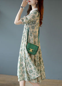 Art Light Green Peter Pan Collar Patchwork Print Chiffon Dress Summer