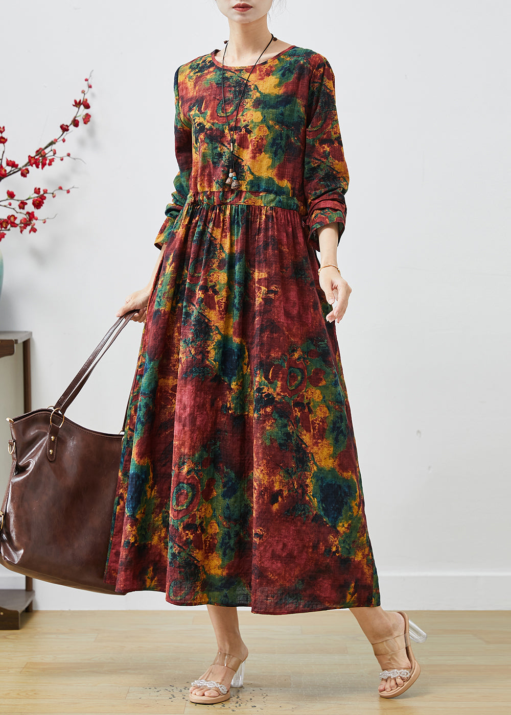 Art Mulberry Cinched Print Cotton Long Dress Spring