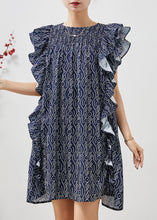 Load image into Gallery viewer, Art Navy Print Ruffles Cotton Mid Dress Summer