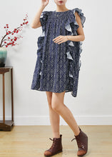 Load image into Gallery viewer, Art Navy Print Ruffles Cotton Mid Dress Summer