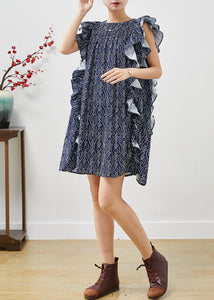 Art Navy Print Ruffles Cotton Mid Dress Summer