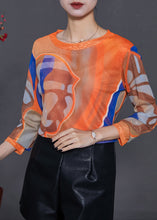 Load image into Gallery viewer, Art Orange Oversized Print Tulle Blouses Summer