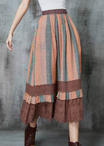 Art Orange Striped Patchwork Lace Linen Skirts Spring