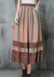 Art Orange Striped Patchwork Lace Linen Skirts Spring