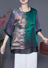 Load image into Gallery viewer, Art Oversized Patchwork Landscape Painting Silk Shirt Half Sleeve