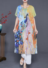 Load image into Gallery viewer, Art Peacock Print Chinese Button Chiffon Long Dress Summer