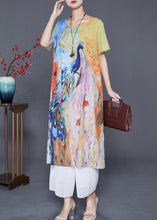 Load image into Gallery viewer, Art Peacock Print Chinese Button Chiffon Long Dress Summer