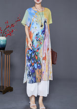 Load image into Gallery viewer, Art Peacock Print Chinese Button Chiffon Long Dress Summer