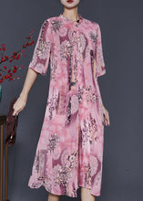 Load image into Gallery viewer, Art Pink Print Draping Silk Fake Two Piece Dresses Half Sleeve