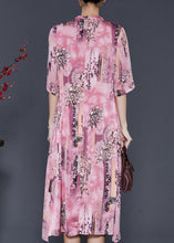 Load image into Gallery viewer, Art Pink Print Draping Silk Fake Two Piece Dresses Half Sleeve