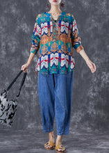 Load image into Gallery viewer, Art Print Oversized Rivet Cotton Shirts And Denim Pants Two Pieces Set Summer