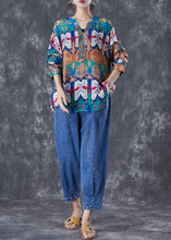 Load image into Gallery viewer, Art Print Oversized Rivet Cotton Shirts And Denim Pants Two Pieces Set Summer