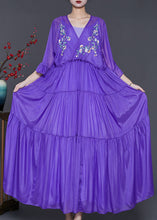 Load image into Gallery viewer, Art Purple Embroidered Exra Large Hem Chiffon Ankle Dress Summer