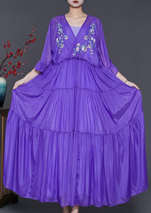 Art Purple Embroidered Exra Large Hem Chiffon Ankle Dress Summer