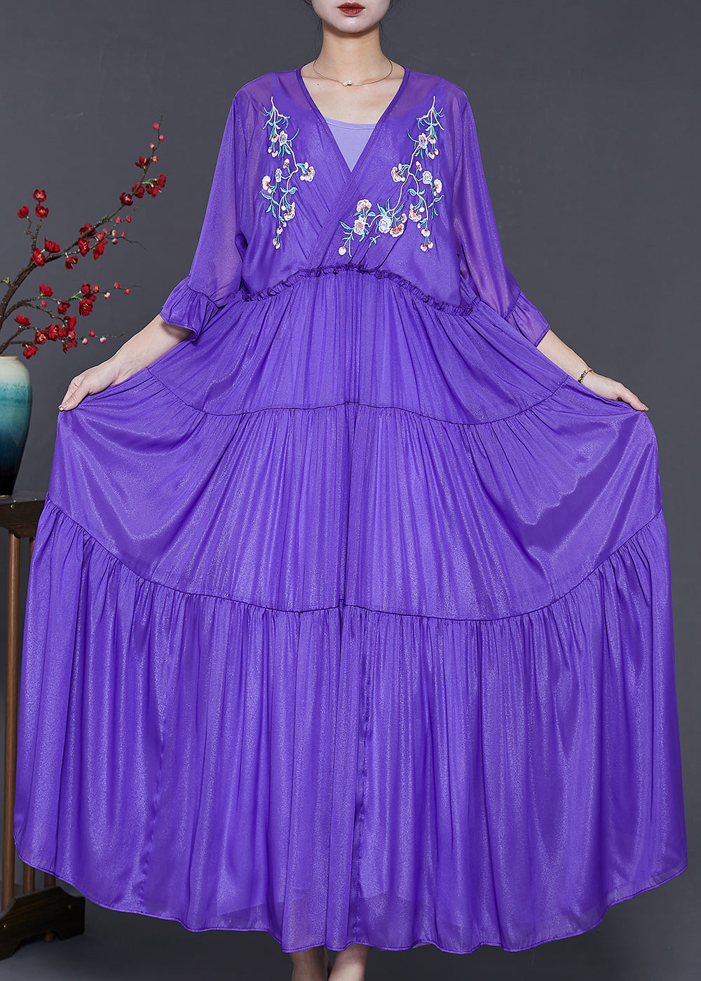 Art Purple Embroidered Exra Large Hem Chiffon Ankle Dress Summer