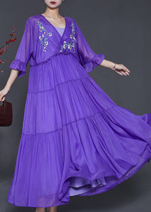 Art Purple Embroidered Exra Large Hem Chiffon Ankle Dress Summer