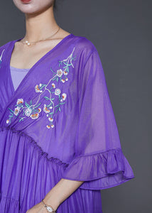 Art Purple Embroidered Exra Large Hem Chiffon Ankle Dress Summer