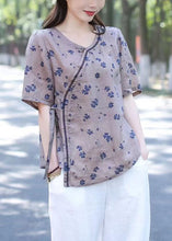 Load image into Gallery viewer, Art Purple O Neck Patchwork Linen T Shirt Tops Short Sleeve