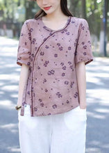 Load image into Gallery viewer, Art Purple O Neck Patchwork Linen T Shirt Tops Short Sleeve