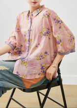 Load image into Gallery viewer, Art Purple Peter Pan Collar Print Linen Blouse Top Half Sleeve