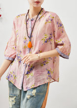 Load image into Gallery viewer, Art Purple Peter Pan Collar Print Linen Blouse Top Half Sleeve