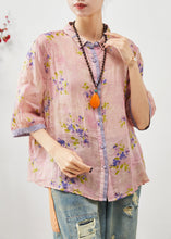 Load image into Gallery viewer, Art Purple Peter Pan Collar Print Linen Blouse Top Half Sleeve