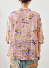 Load image into Gallery viewer, Art Purple Peter Pan Collar Print Linen Blouse Top Half Sleeve