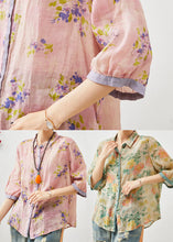 Load image into Gallery viewer, Art Purple Peter Pan Collar Print Linen Blouse Top Half Sleeve