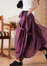 Load image into Gallery viewer, Art Purple Pockets Lace Up Elastic Waist Silk Wide Leg Pants Summer