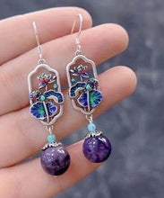 Load image into Gallery viewer, Art Purple Sterling Silver Crystal Cloisonne Lotus Leaf Drop Earrings