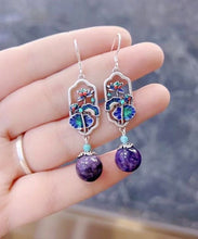 Load image into Gallery viewer, Art Purple Sterling Silver Crystal Cloisonne Lotus Leaf Drop Earrings