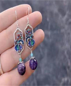 Art Purple Sterling Silver Crystal Cloisonne Lotus Leaf Drop Earrings