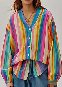 Art Rainbow V Neck Striped Linen UPF 50+ Top Summer