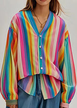 Load image into Gallery viewer, Art Rainbow V Neck Striped Linen UPF 50+ Top Summer