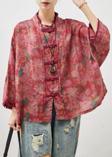 Load image into Gallery viewer, Art Red Oversized Print Chinese Button Linen Blouses Bracelet Sleeve