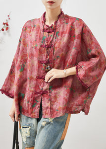 Art Red Oversized Print Chinese Button Linen Blouses Bracelet Sleeve