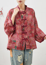 Load image into Gallery viewer, Art Red Oversized Print Chinese Button Linen Blouses Bracelet Sleeve