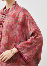 Load image into Gallery viewer, Art Red Oversized Print Chinese Button Linen Blouses Bracelet Sleeve