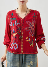 Load image into Gallery viewer, Art Red V Neck Embroidered Linen Blouses Spring